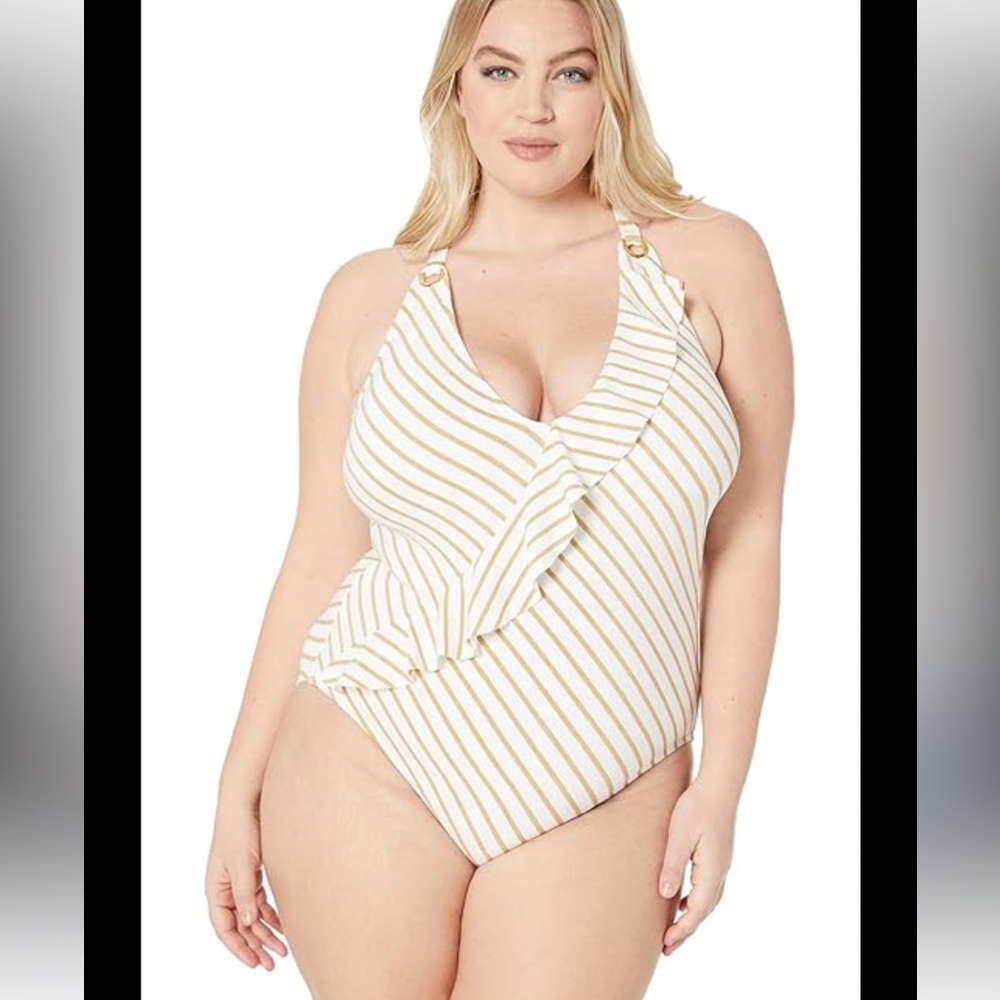 LAUREN RALPH LAUREN Gold Stripe One Piece Swimsuit 10